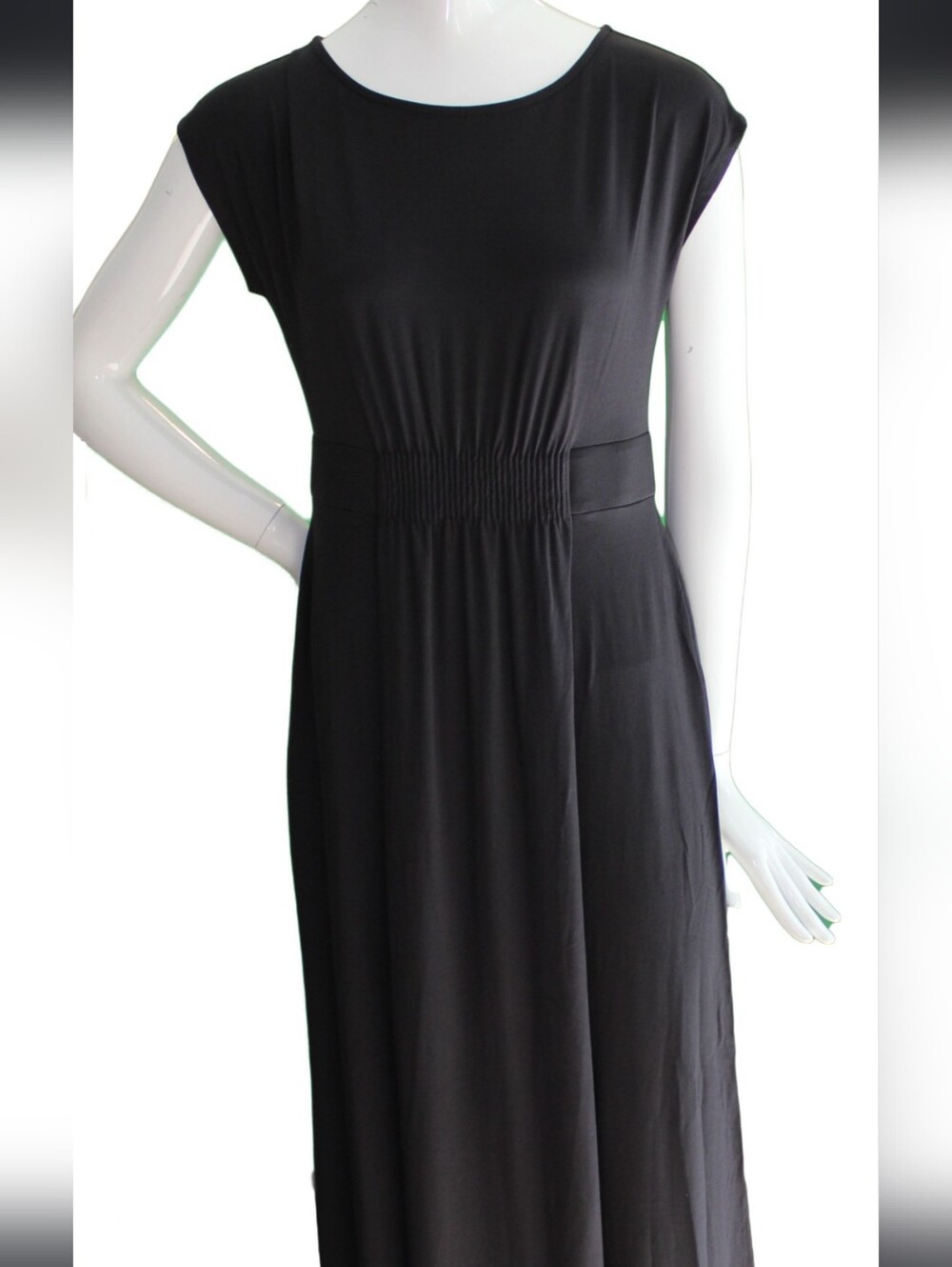 Lands' End Black Cap Sleeve Elastic-Waist Maxi Dress